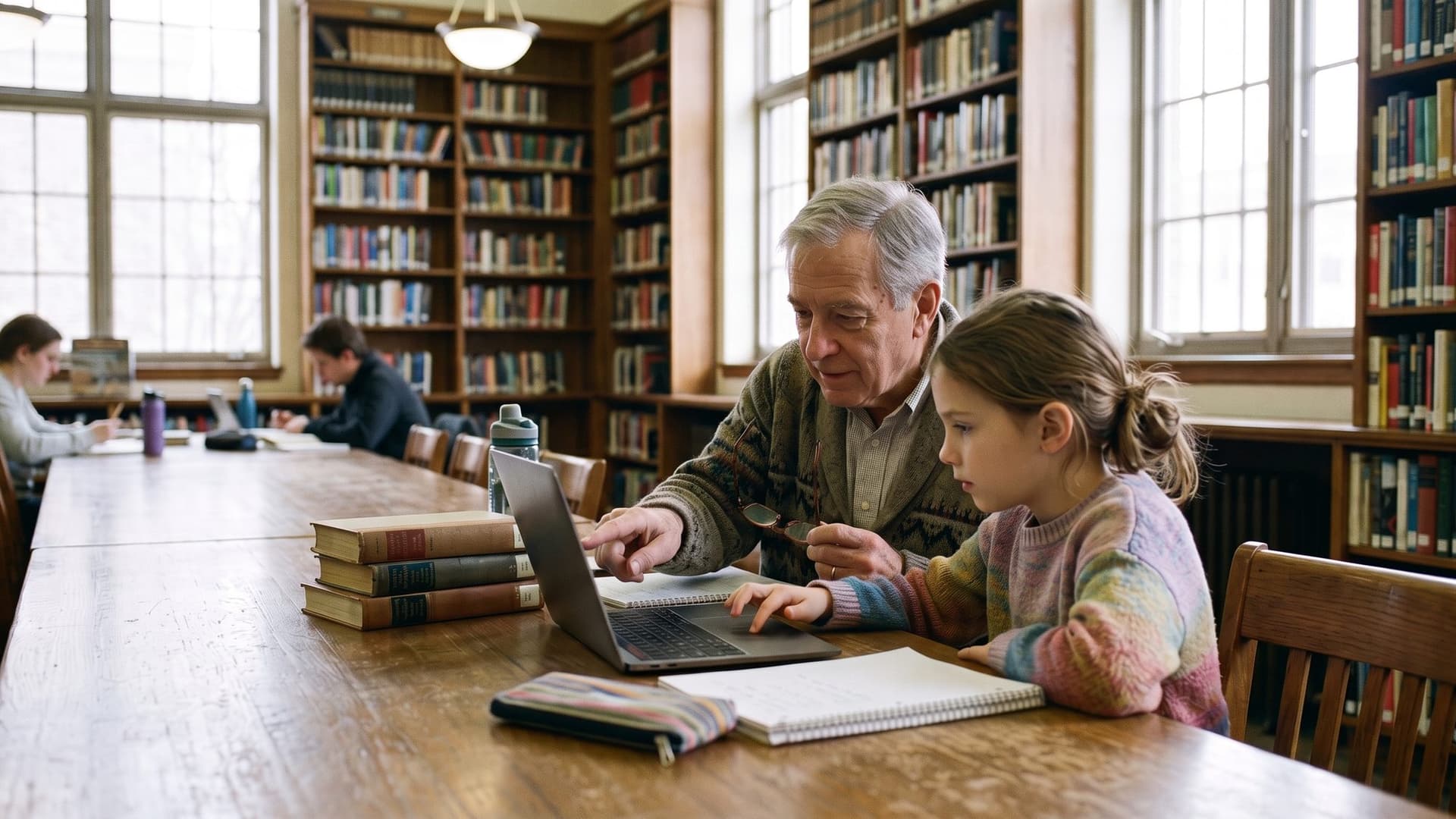At a long table in a public library, a grandfather shows his granddaughter something on a laptop.