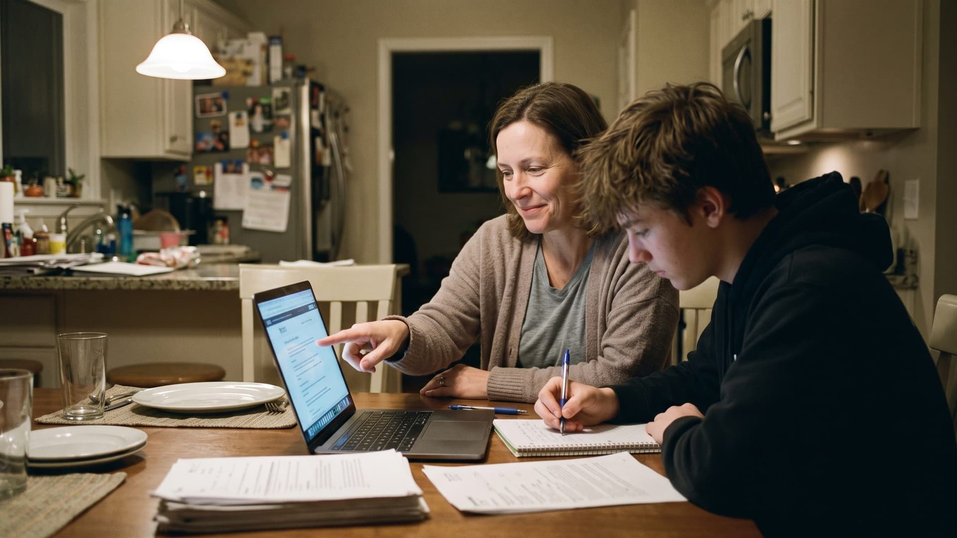 At the kitchen table in the evening, a mother points to an option on the laptop as her teenage son writes it down.