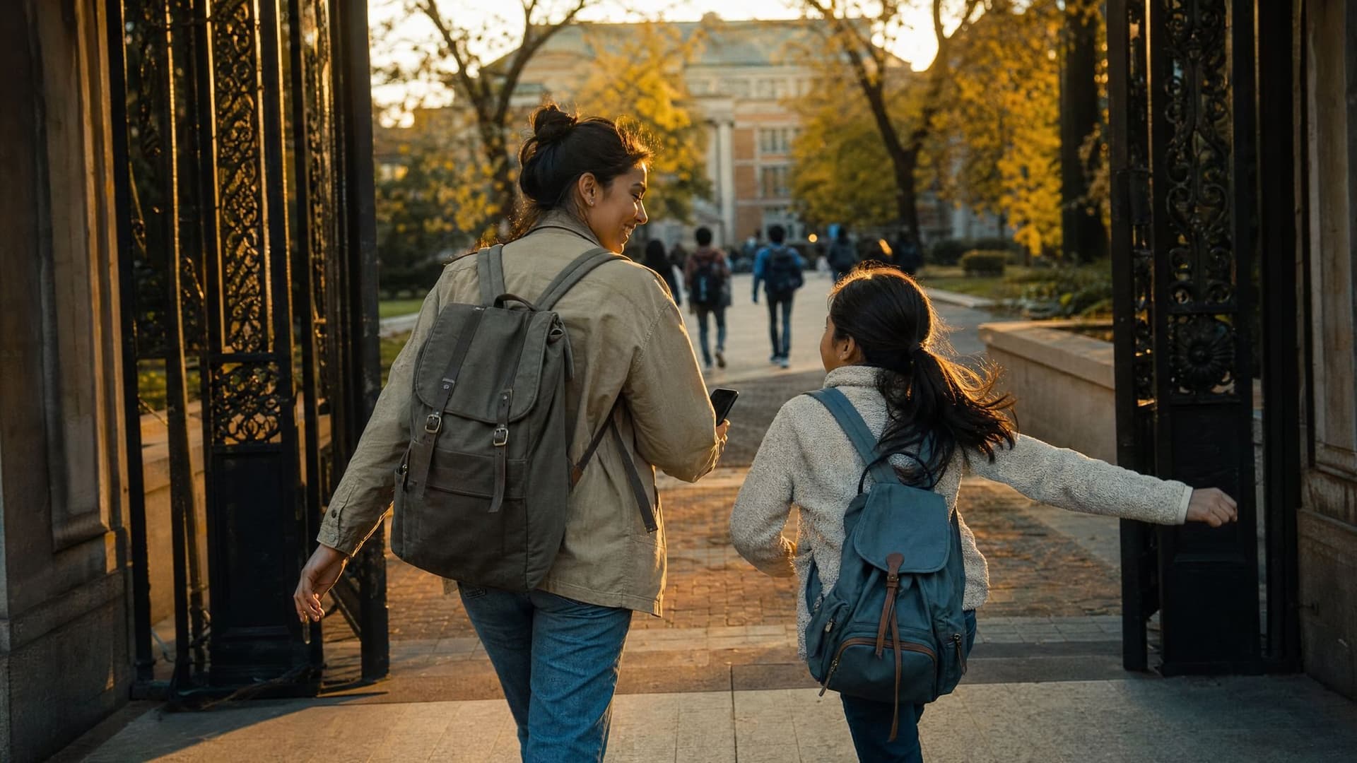 A mother and her daughter walk through an iron gate onto a campus, the girl skipping ahead.