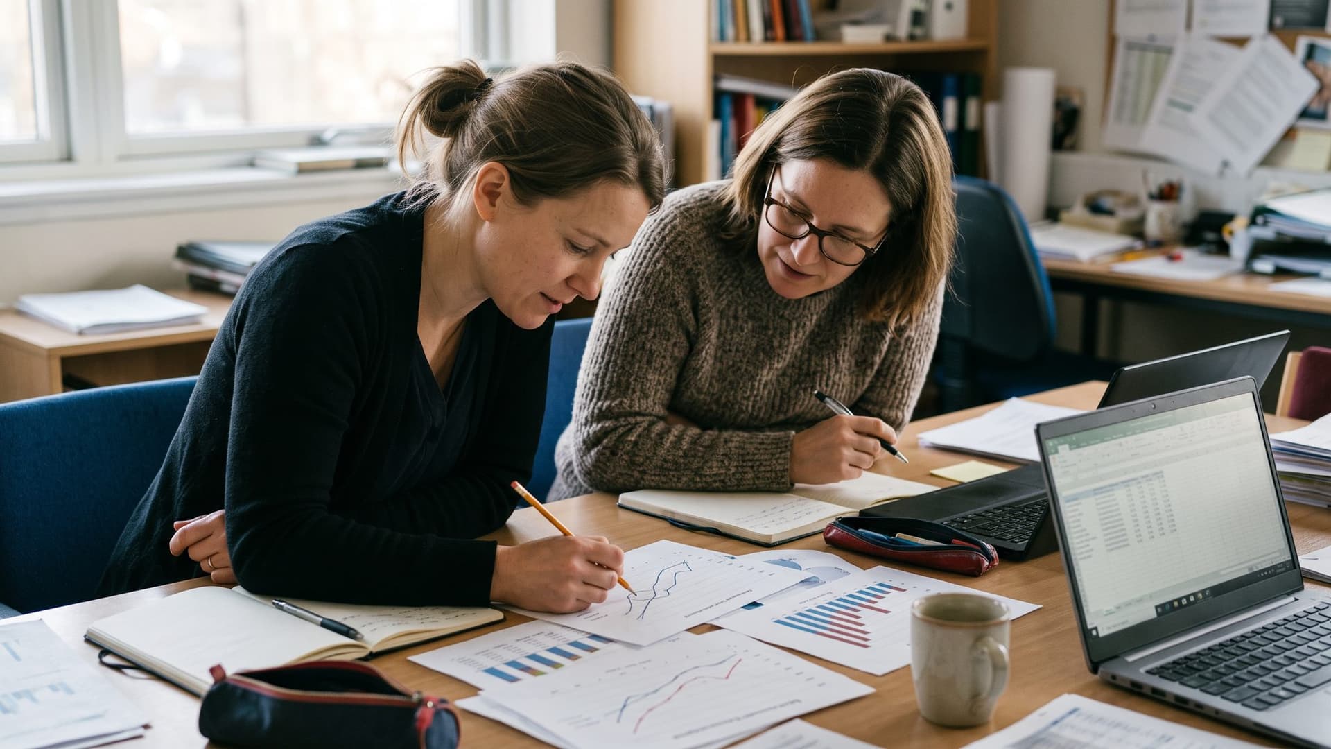 Two researchers lean over printed charts on a shared desk, one marking a curve in pencil.