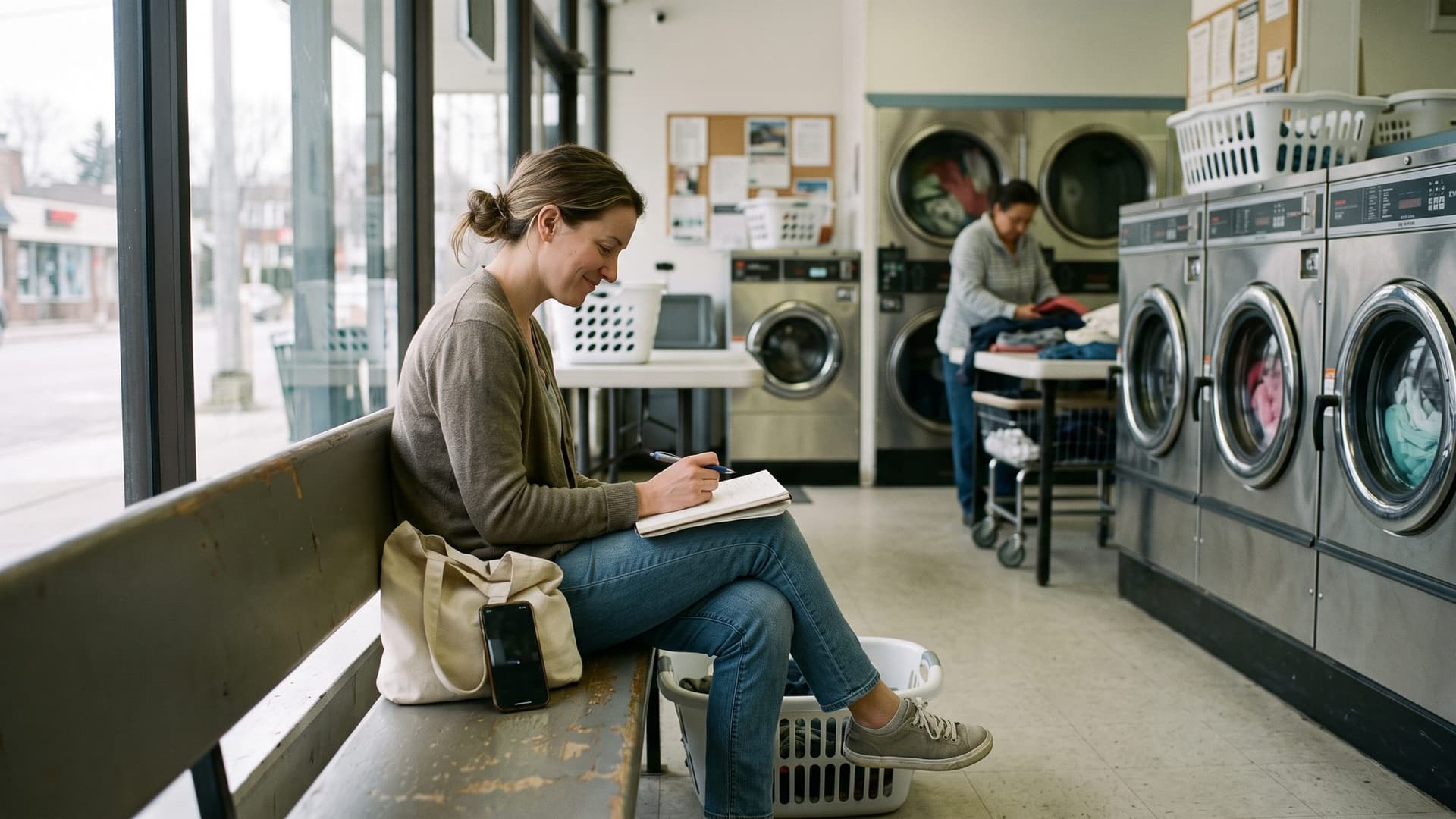 On a bench in a neighborhood laundromat, a woman works through a lesson in her notebook, her phone propped on her bag.