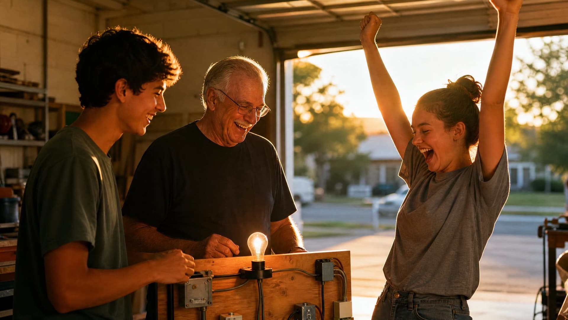 In a neighborhood workshop, a teenage girl throws her arms up as the bulb she wired lights up, and a veteran electrician and a boy laugh.