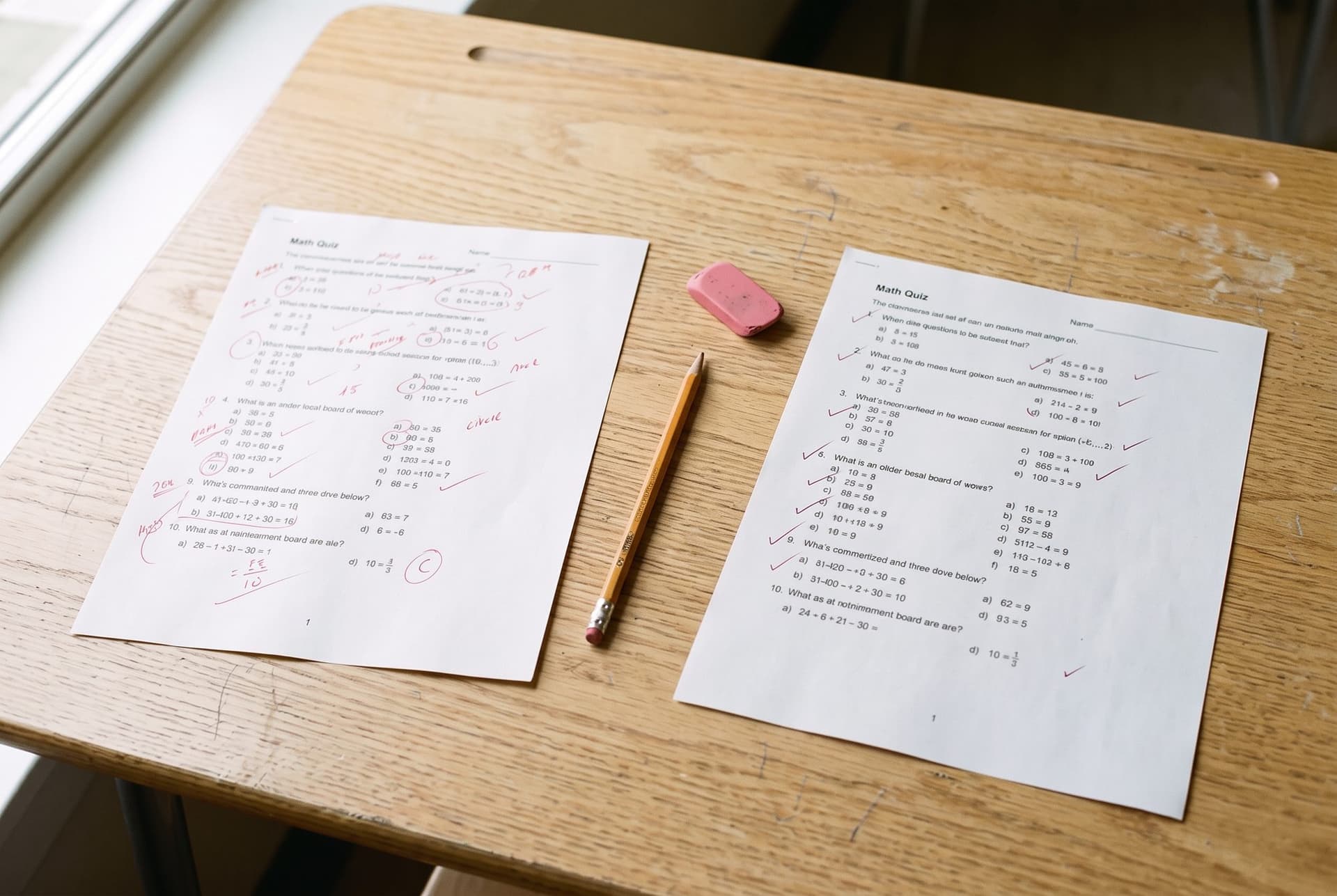 Two copies of the same quiz on a desk, before and after, with a pencil between them.