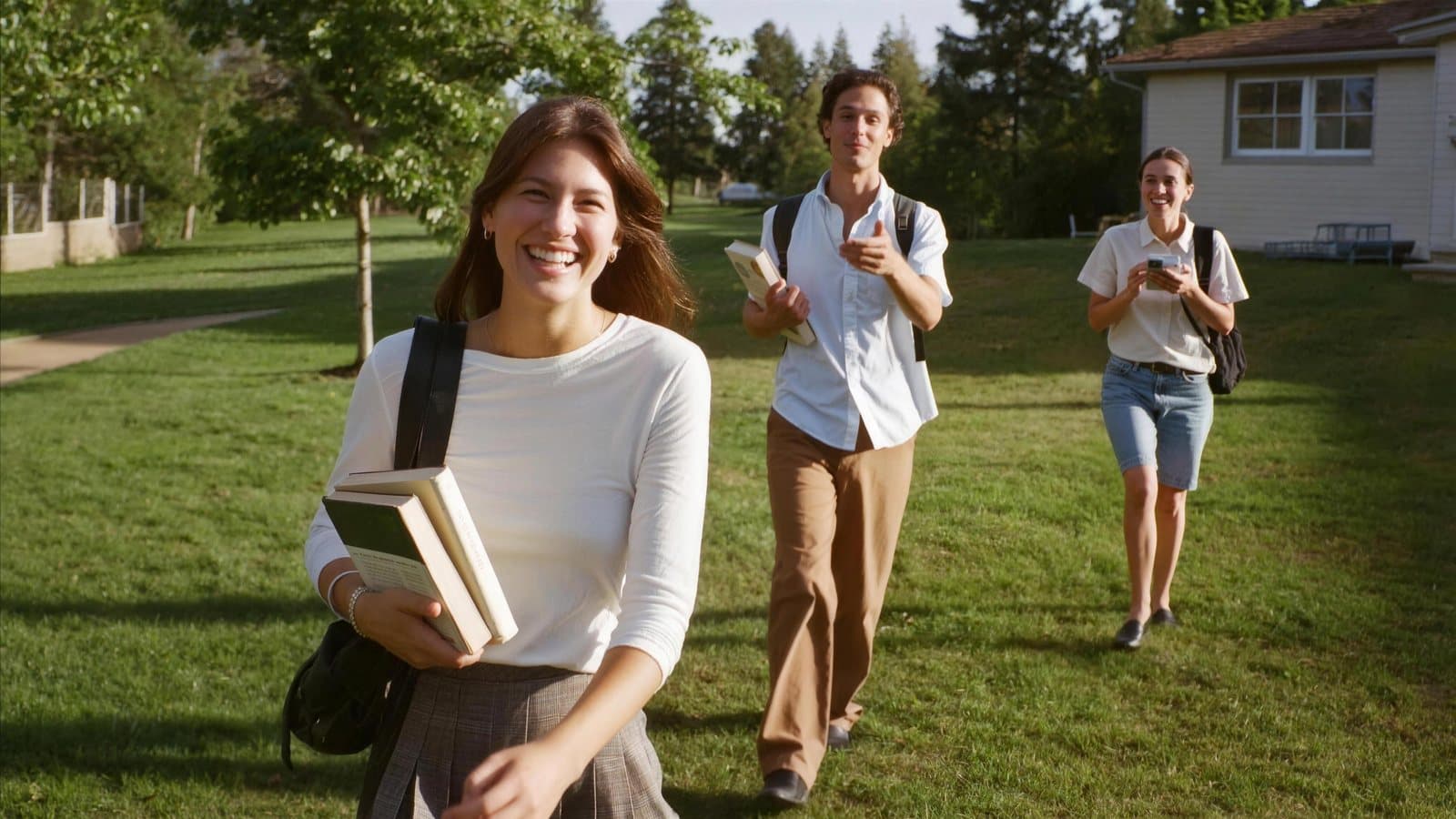 Three friends walk across a sunny campus lawn after class, and one of them laughs with her books under her arm.