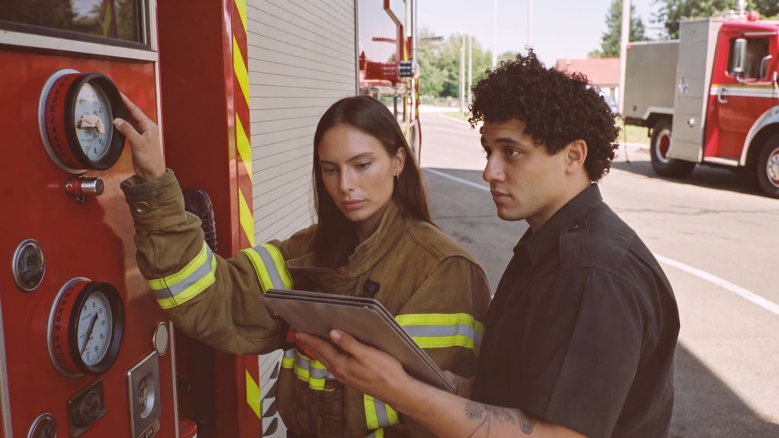Beside the fire engine, a firefighter checks a pressure gauge while her officer goes through the checklist with her on a tablet.