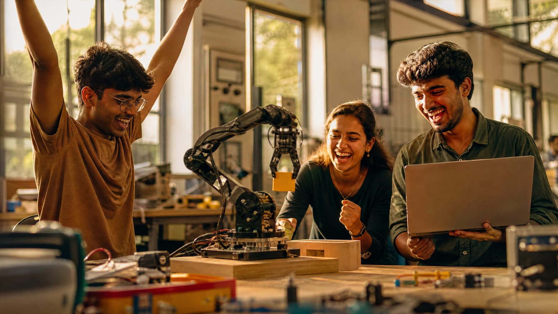 In a sunlit engineering lab, three students cheer as the robotic arm they built picks up a block.
