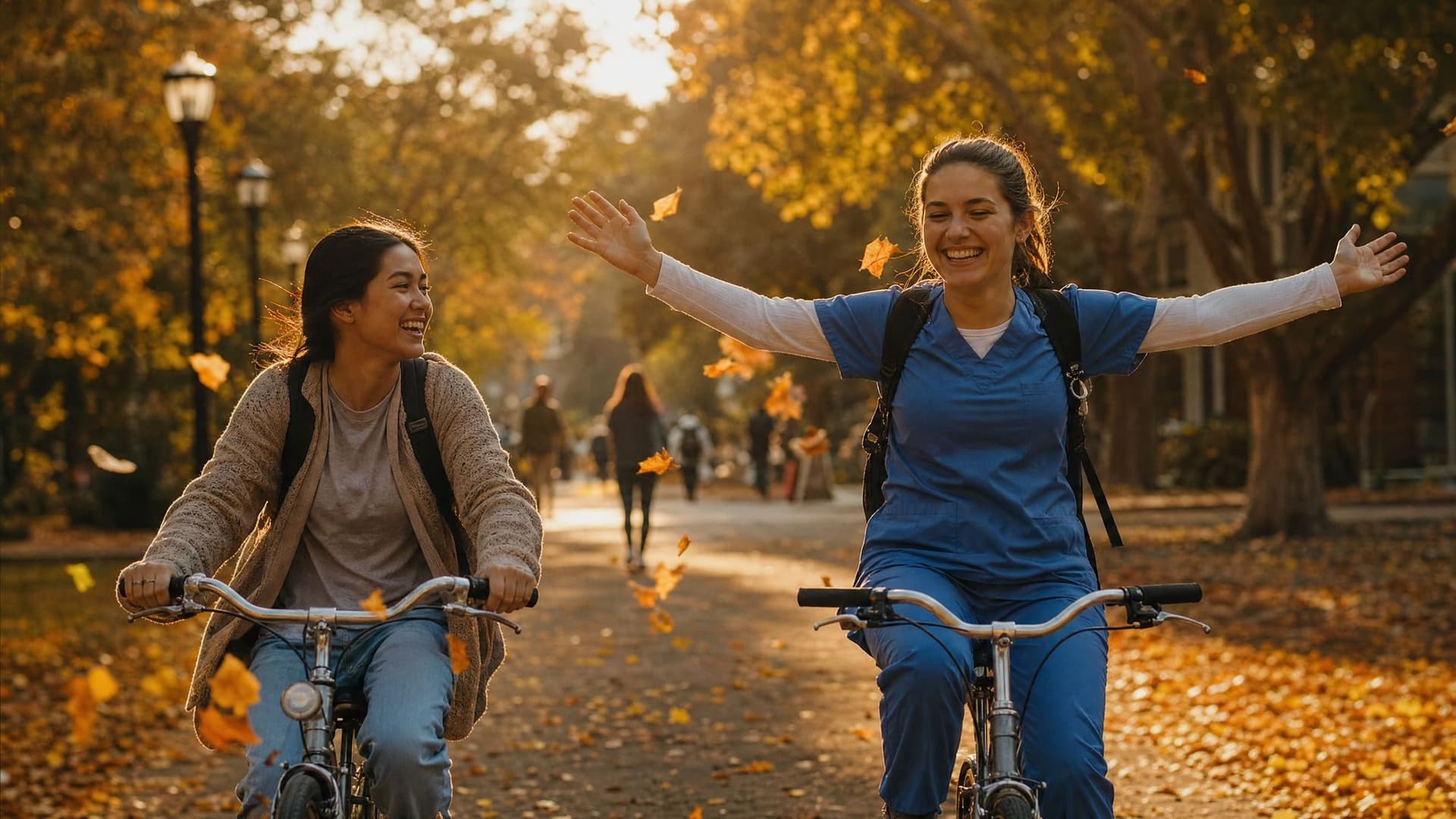 Two students ride bikes down an autumn path on campus, the nursing student letting go of the handlebars for a moment.