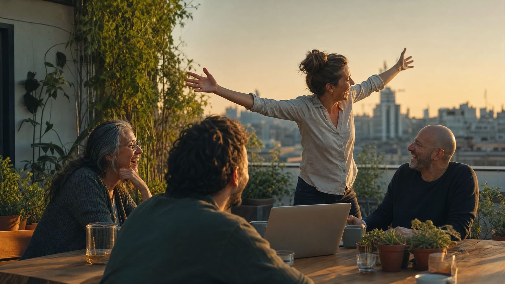On a rooftop at golden hour, a former teacher throws her arms wide to show how a student reacted, and the team laughs.