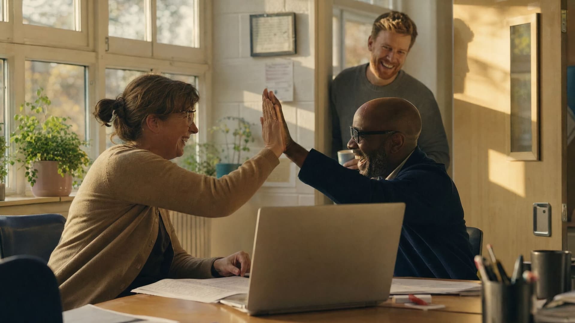 Two teachers high-five over a laptop and a marked-up draft lesson as a colleague grins from the doorway.