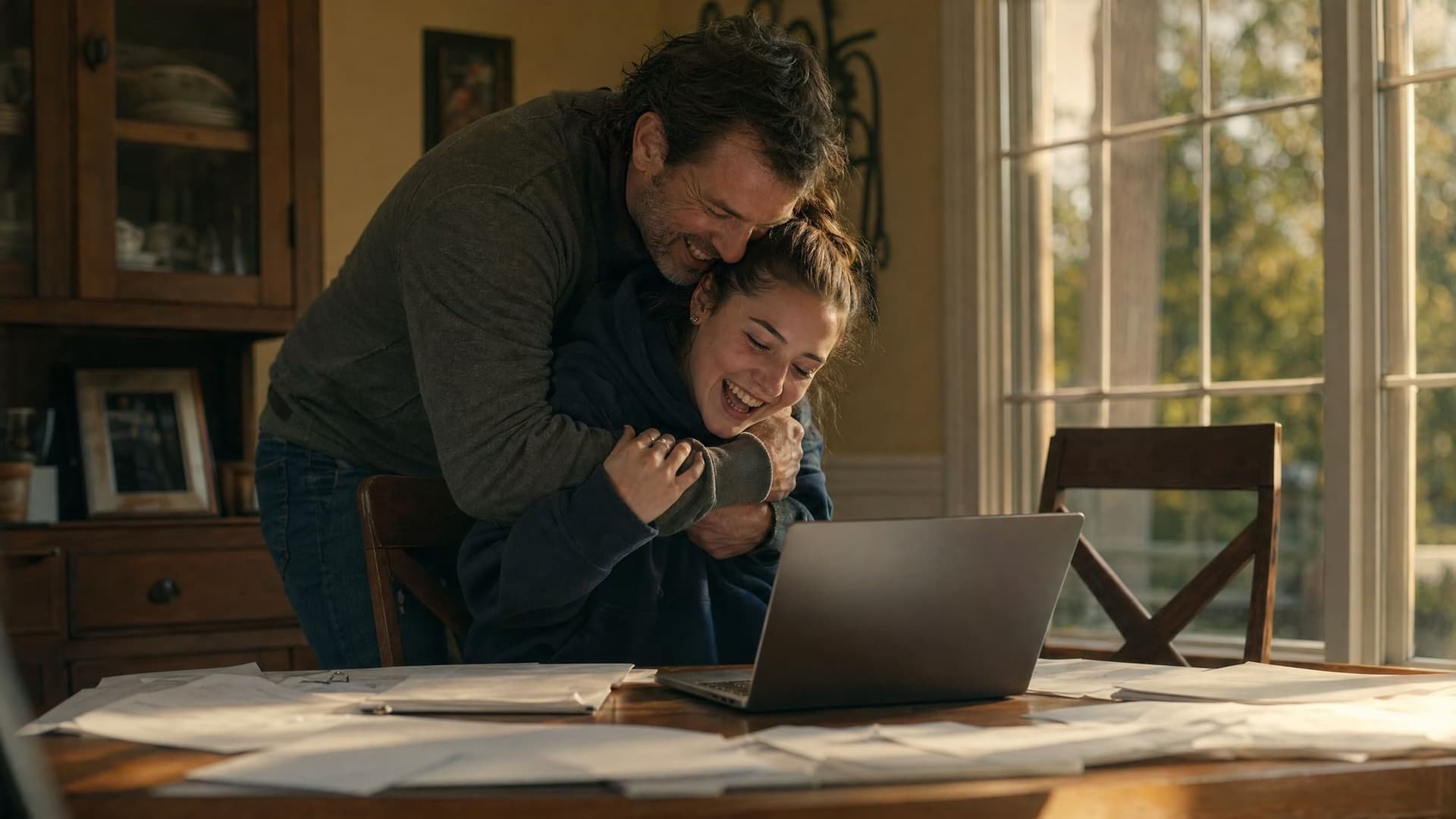 A father hugs his daughter from behind as she reads her result on the laptop at the dining table.