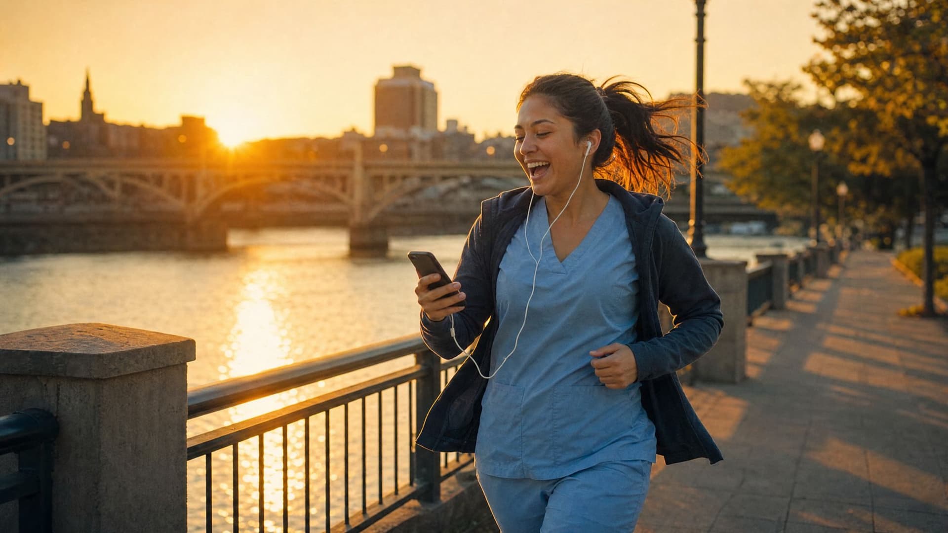 At sunrise, a nursing student jogs along the river to her bus, laughing at the lesson in her earbuds.