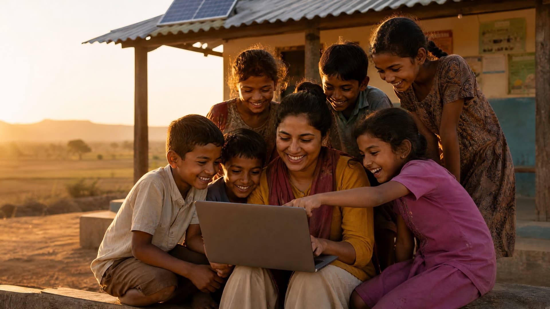 On the veranda of a village school with a solar panel on the roof, children crowd around their teacher and a laptop, laughing.