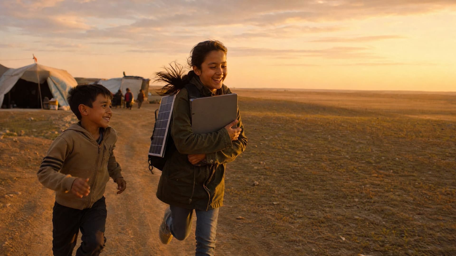 A girl with a solar panel on her pack runs across an open plain at dawn with a younger boy.