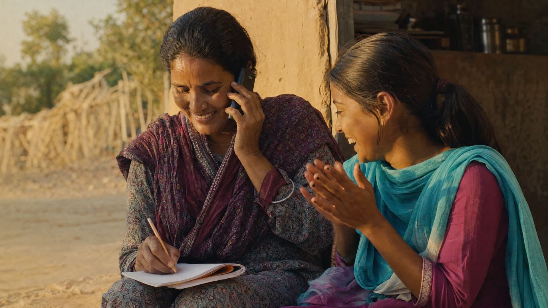 A mother takes a lesson by phone and writes it down as her daughter claps beside her.