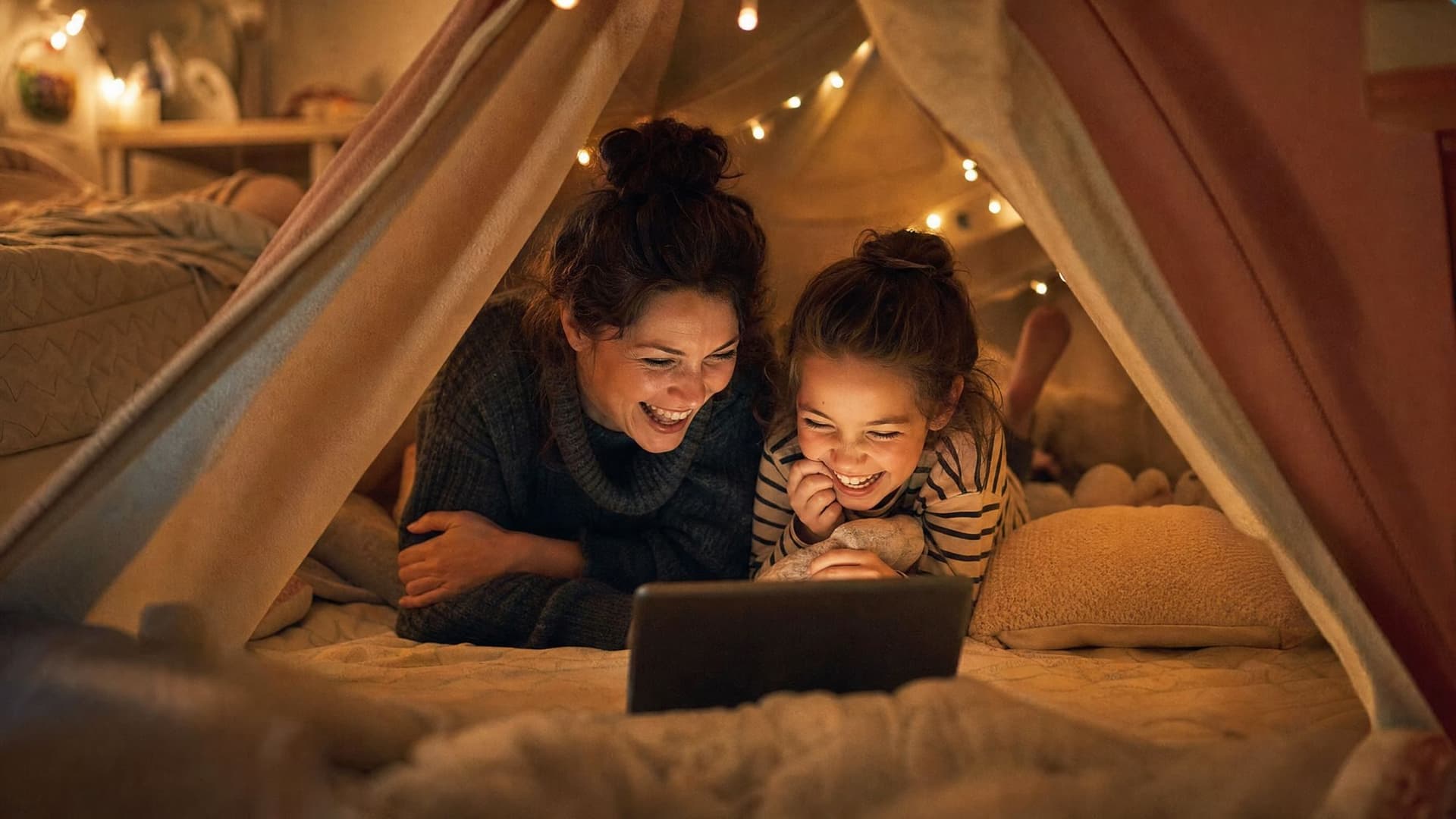 In a blanket fort at bedtime, a mother and her daughter laugh together over a tablet.