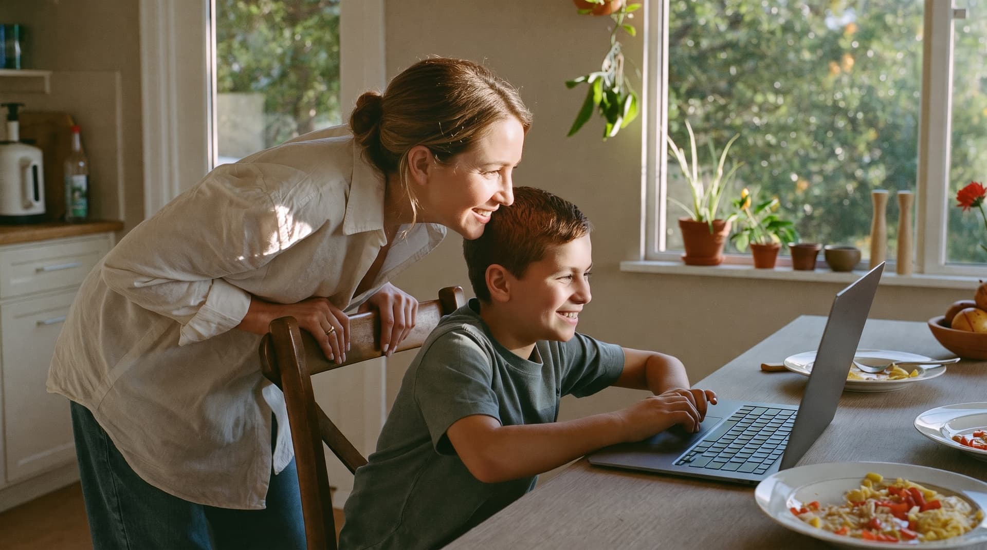 A mother leans over her son’s shoulder at the kitchen table, both smiling as he works through a lesson on the family laptop in the morning sun.