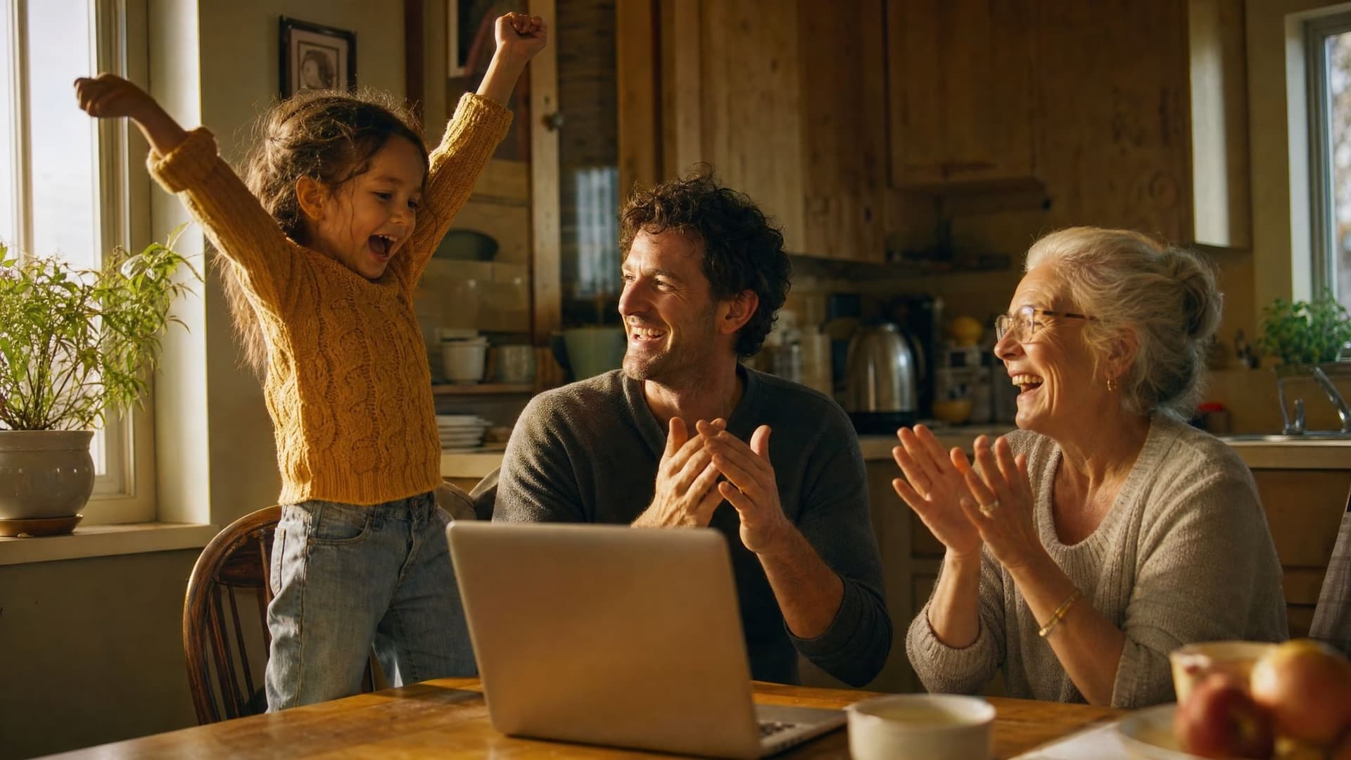 In a sunny kitchen, a girl throws her arms up in triumph at the family laptop as her father and grandmother clap.
