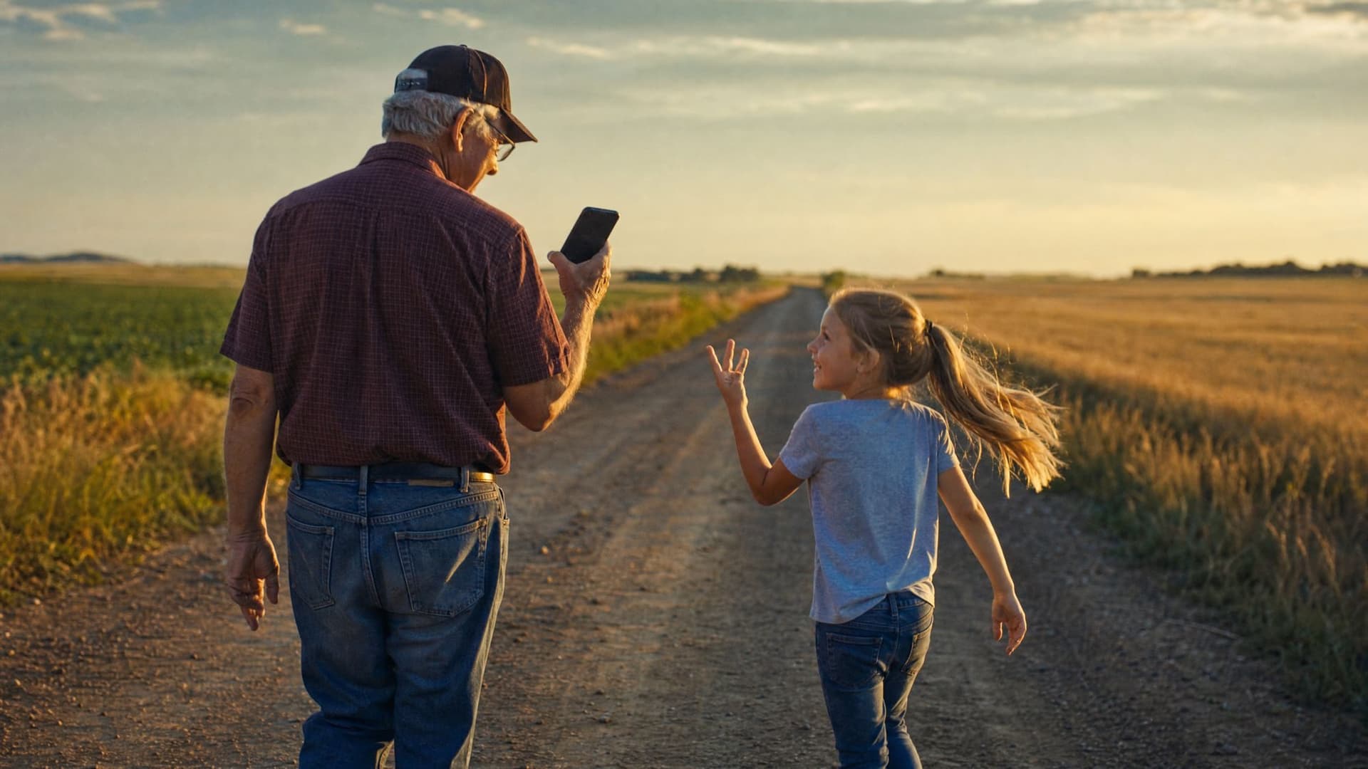 On a dirt road between fields, a grandfather plays a lesson on speaker as his granddaughter skips ahead, counting the answer on her fingers.