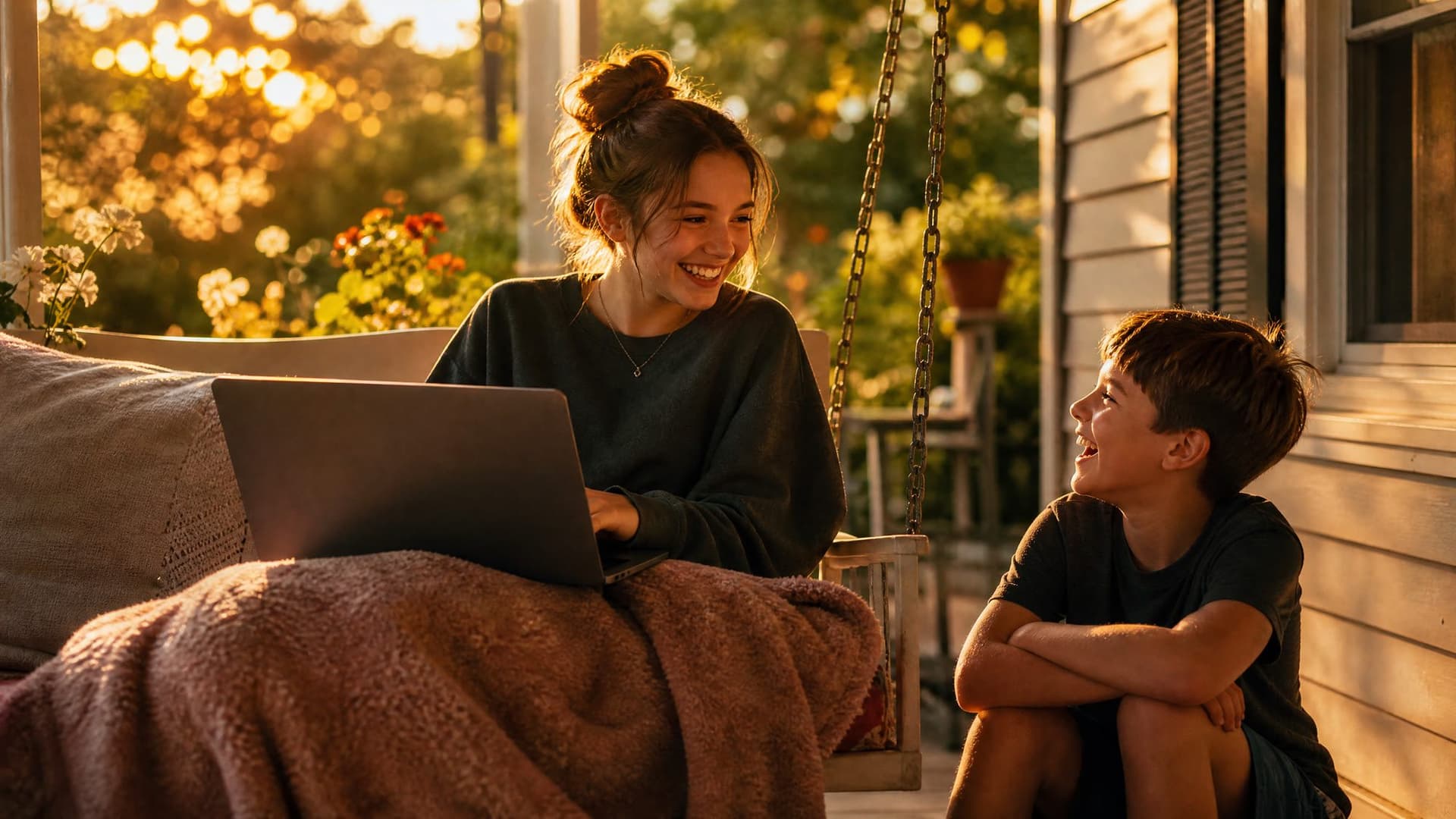 On a porch swing at golden hour, a teenage girl tells her younger brother what she just read on her laptop, and they both laugh.