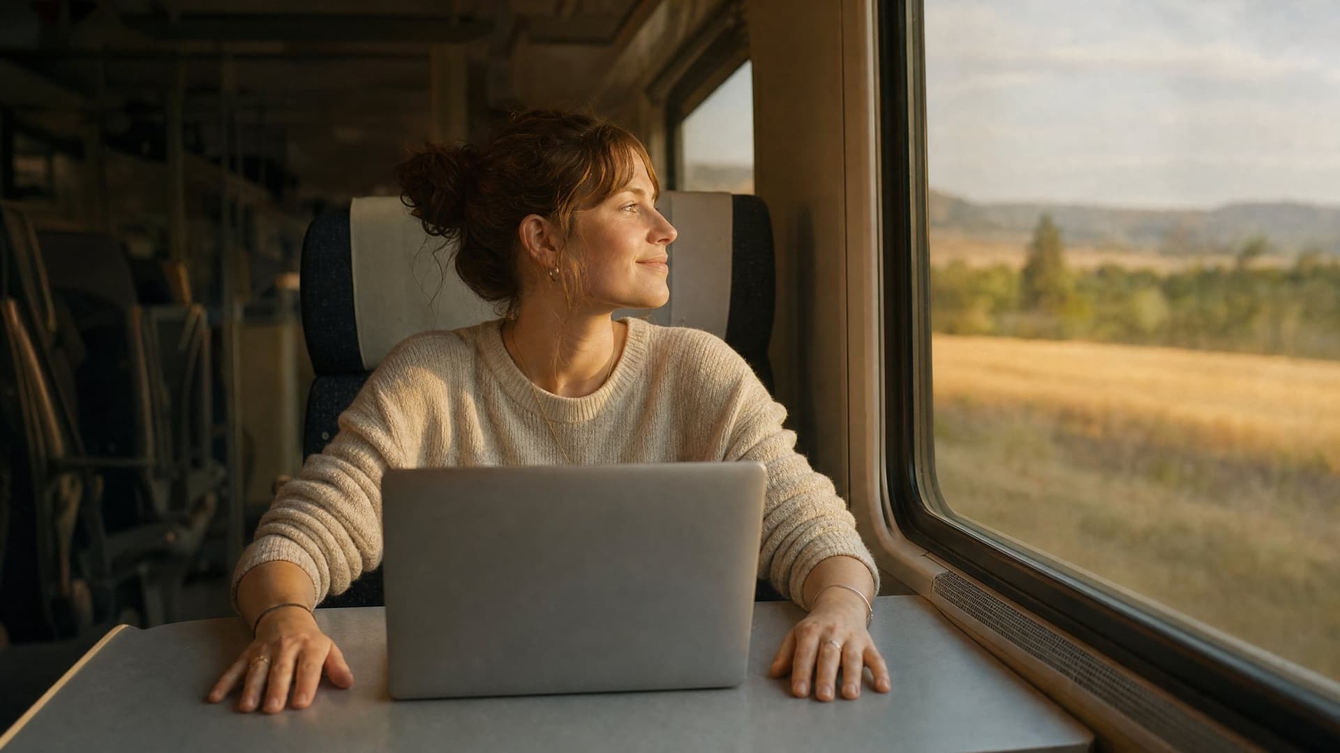 On a train at golden hour, a young woman looks up from her laptop at the fields passing by, a quiet smile on her face.