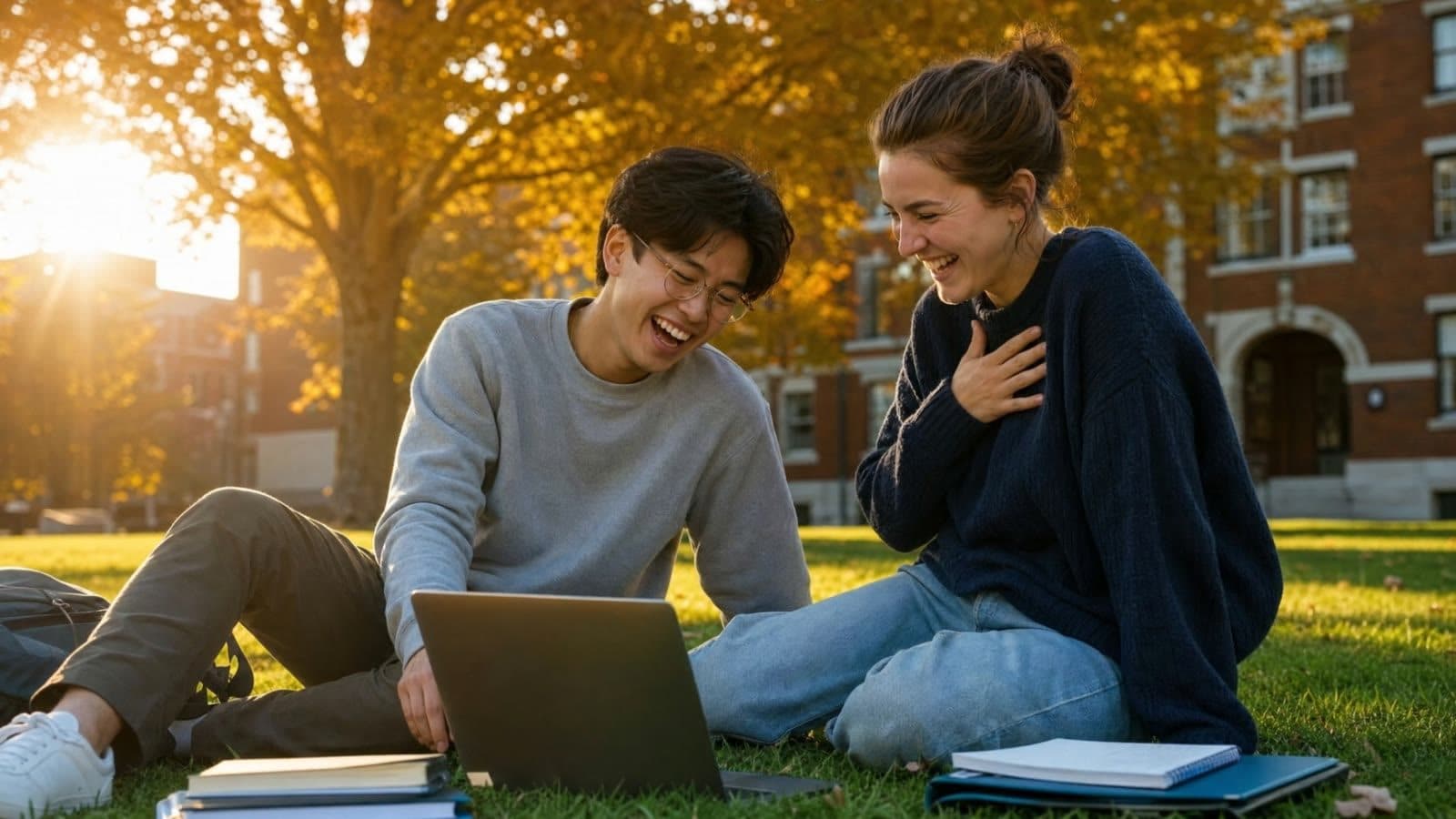 On a college lawn at golden hour, two students laugh together over a laptop, autumn leaves on the grass.