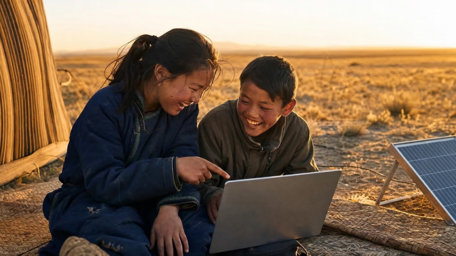 On an open plain at sunrise, two children laugh over a laptop powered by a small solar panel.