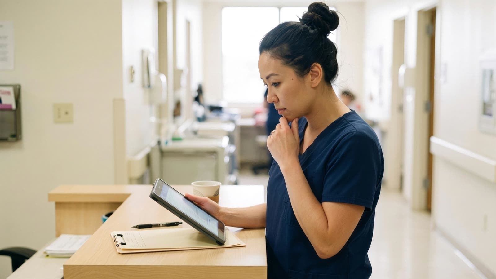 A nurse reads a training module on a tablet at the nurses’ station of a small hospital.