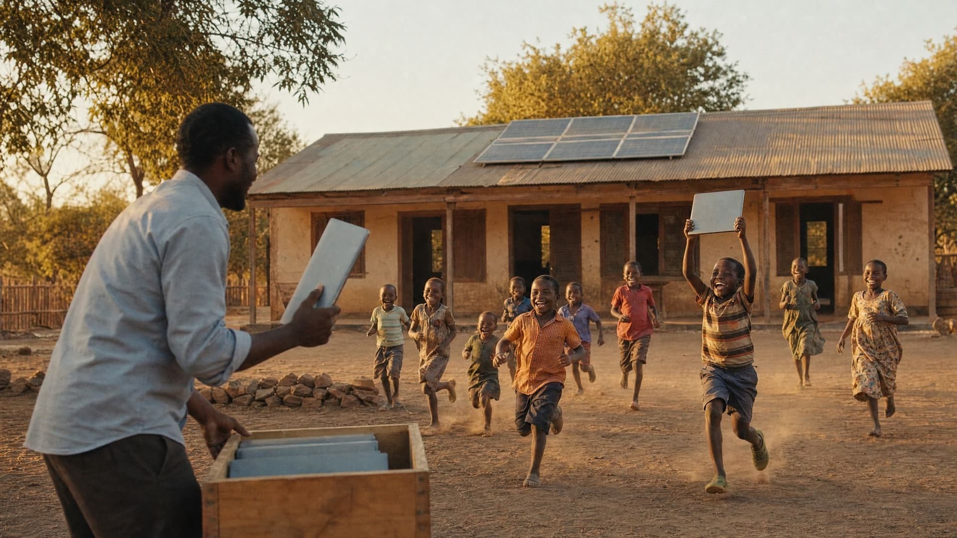 At a village school with solar panels on the roof, a teacher hands out tablets from a crate as children run toward him.