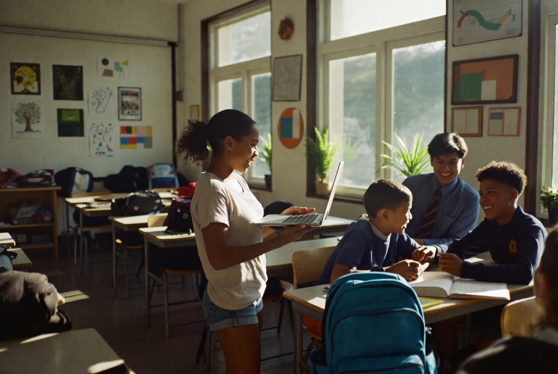 Students in a sunny classroom laugh together as one of them shows the others something on her laptop.
