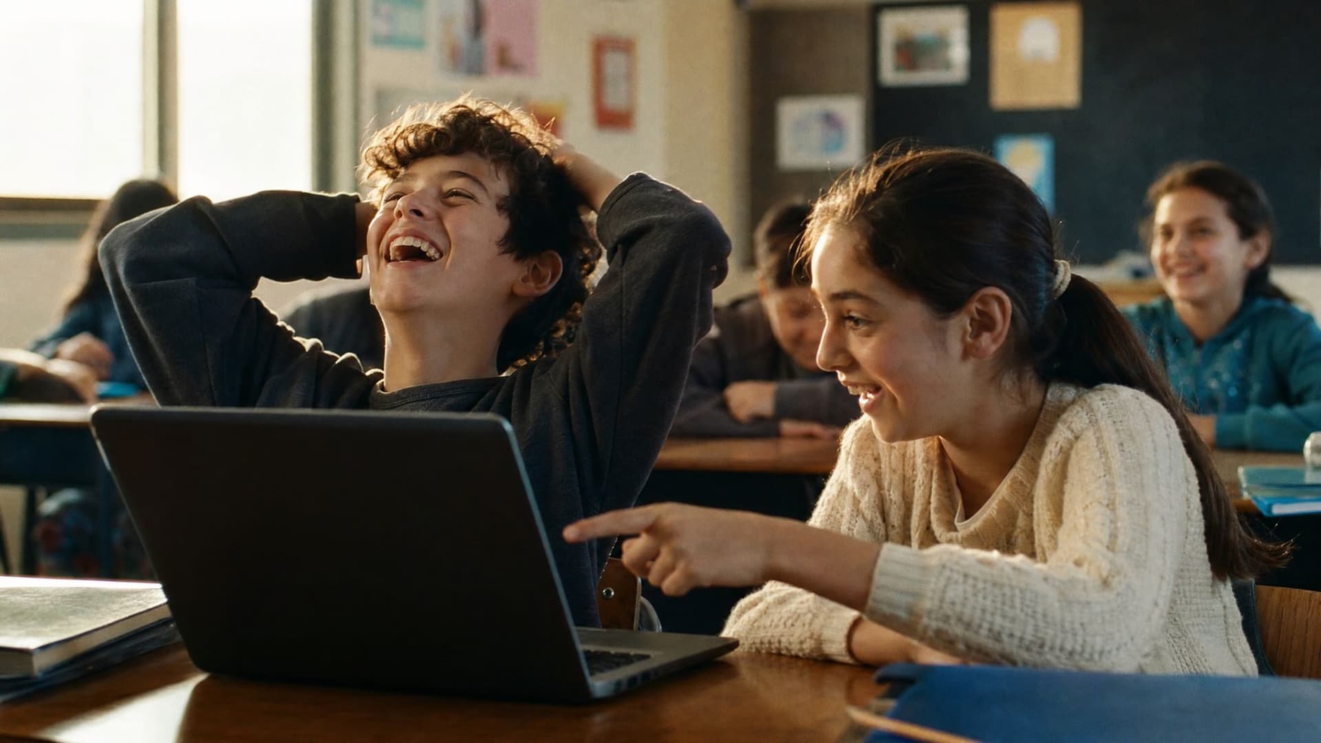 A boy leans back laughing as the girl next to him points at what he just solved.