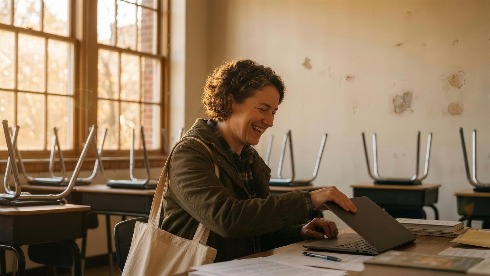 In golden late-afternoon light, a teacher laughs as she closes her laptop at her desk, tomorrow’s plan already done.