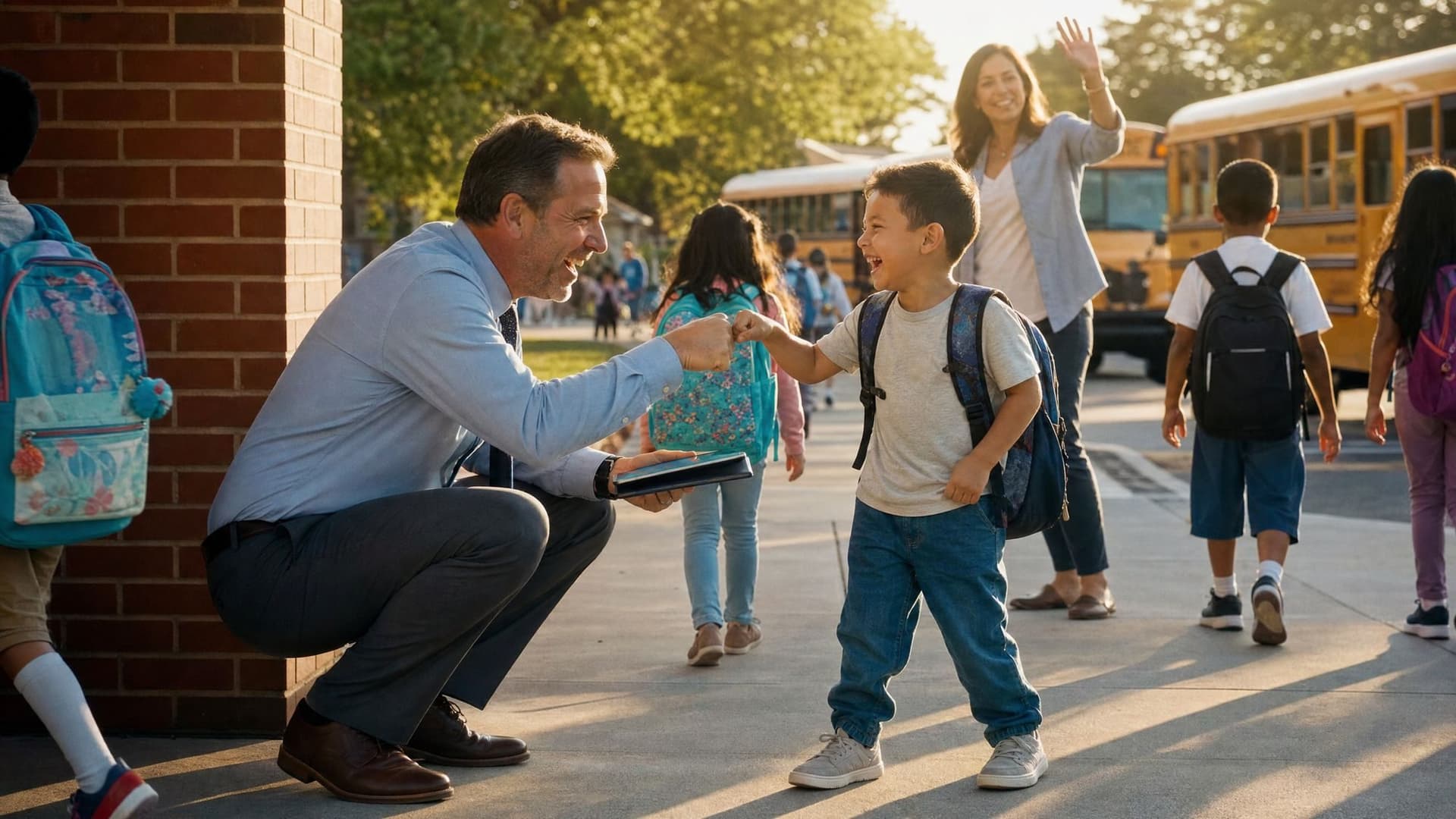 At morning drop-off, a principal crouches to fist-bump a first grader as buses unload behind them.