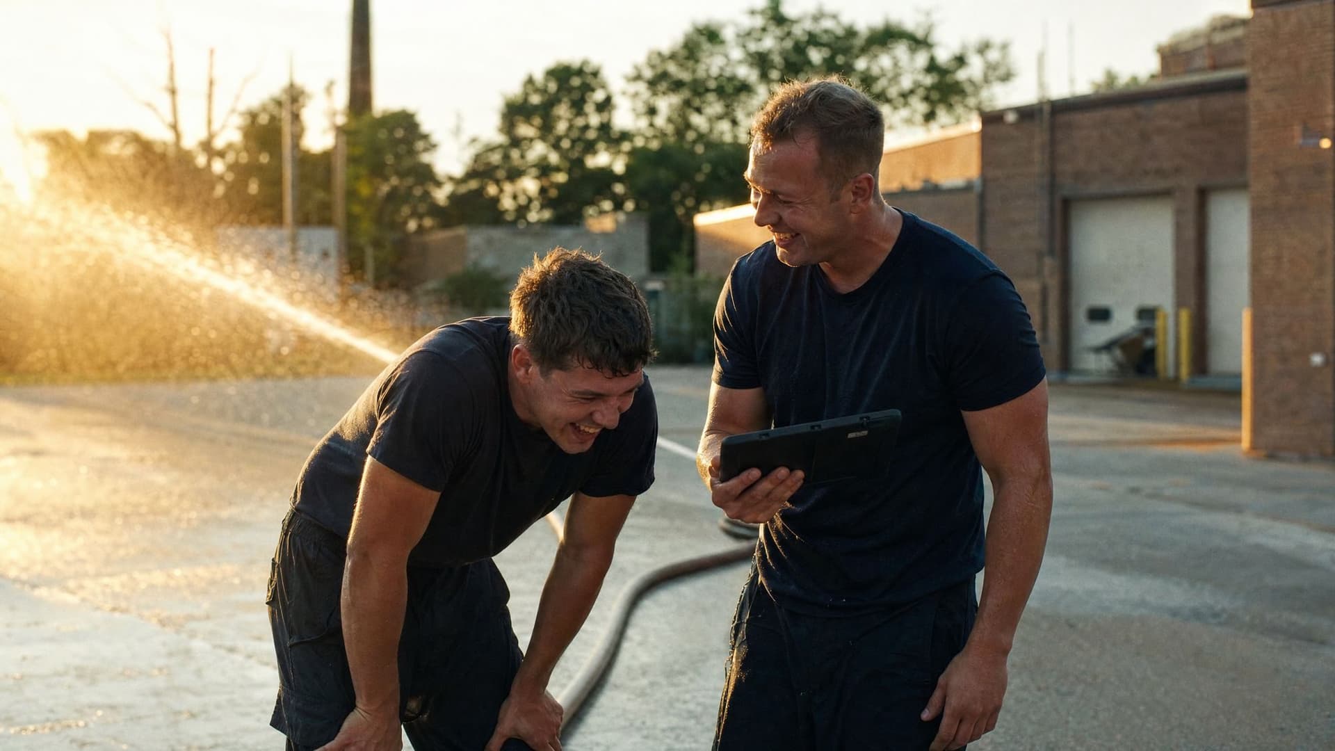 During a hose drill at golden hour, a young firefighter doubles over laughing as his partner holds up the next step on a tablet.