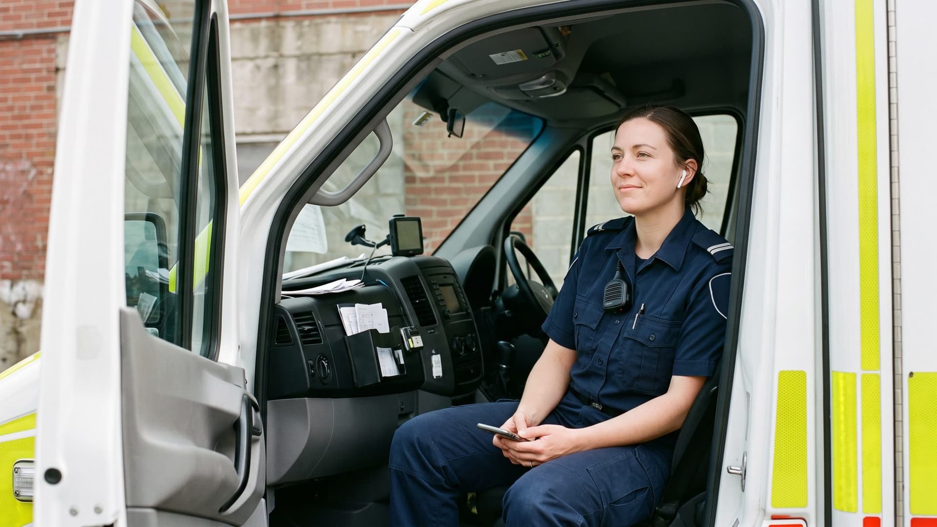 Between calls, a paramedic sits in the open cab of her ambulance with one earbud in, answering a spoken lesson with a quiet smile.