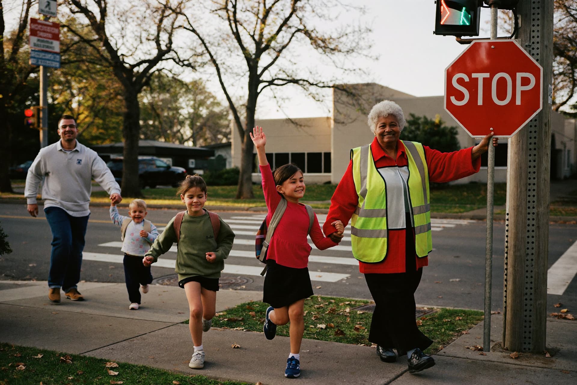 A crossing guard holds a girl’s hand as children run across a quiet street to school, a father and his toddler close behind.