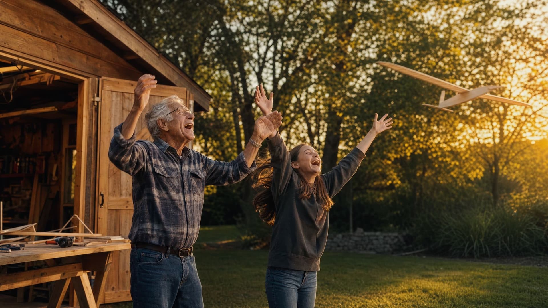 A retired engineer and a teenage girl throw their arms up as the glider they built sails over the lawn.