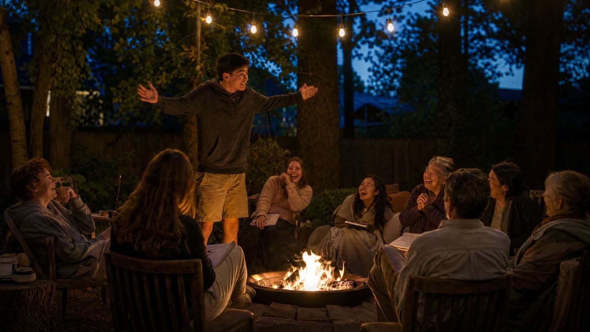 Around a backyard fire at dusk, a learning circle of every age laughs as a teenager acts out his answer.