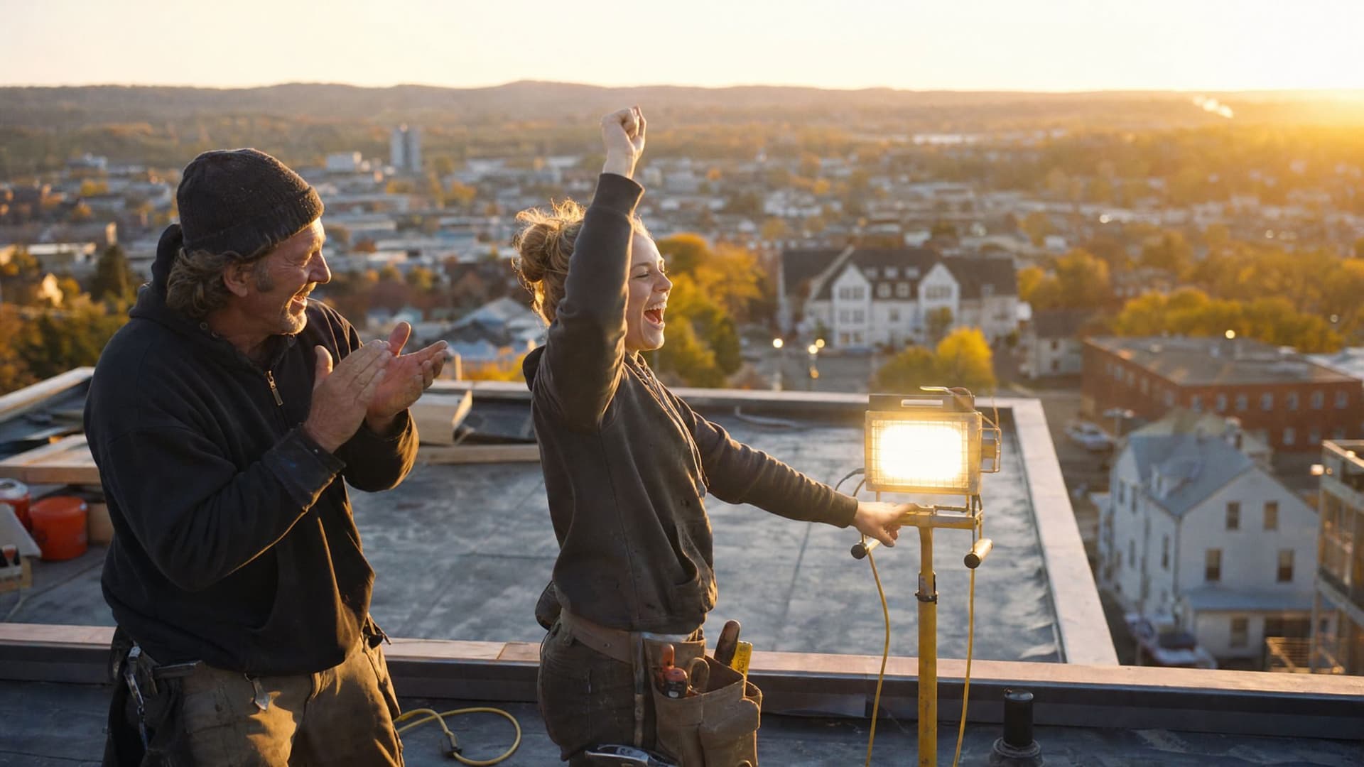 On a rooftop above town, an apprentice electrician cheers as the work light she wired comes on, and her mentor claps.