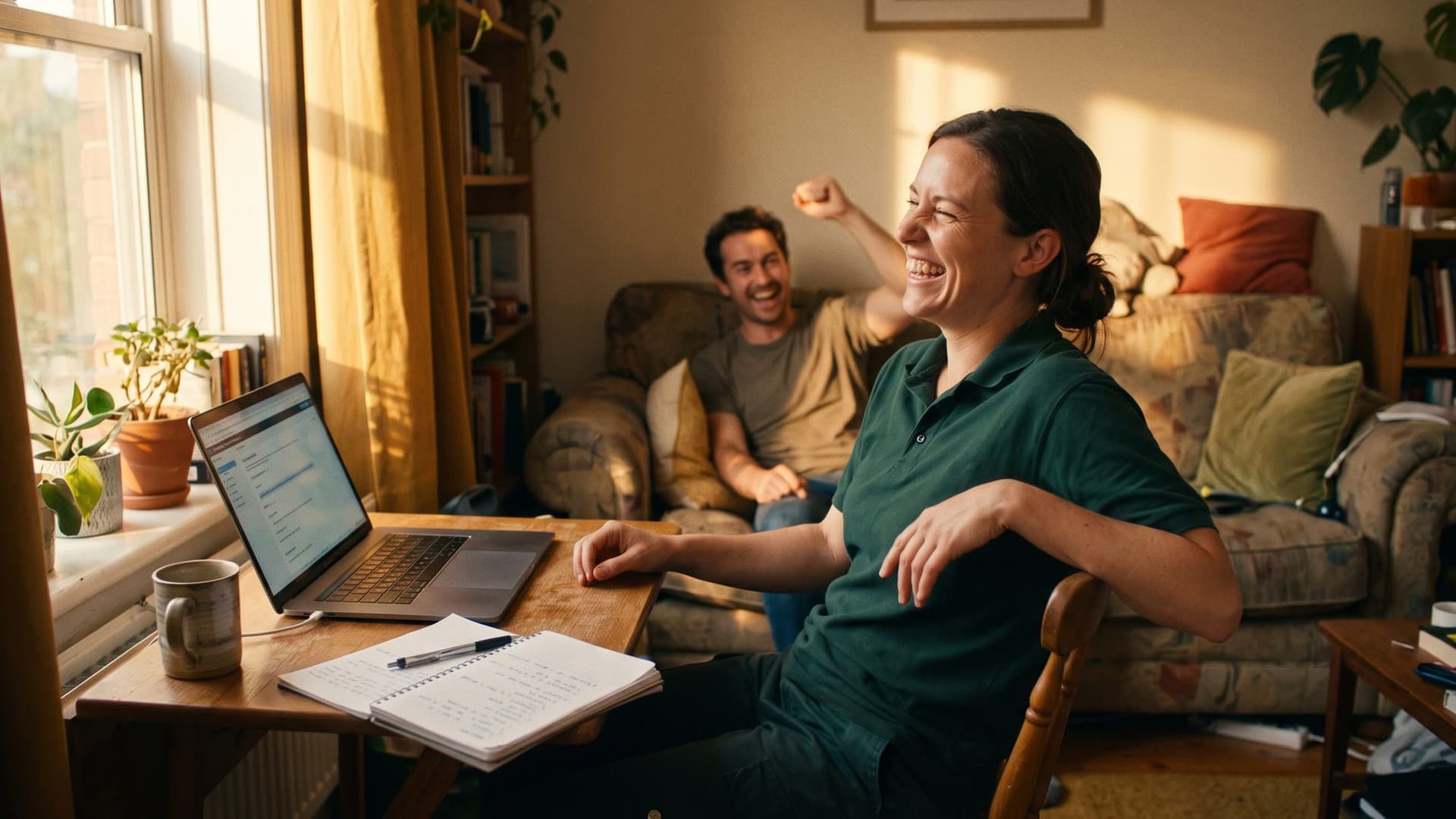 In her living room, a woman in a work polo leans back laughing as she finishes a module on her laptop, and her partner cheers from the couch.