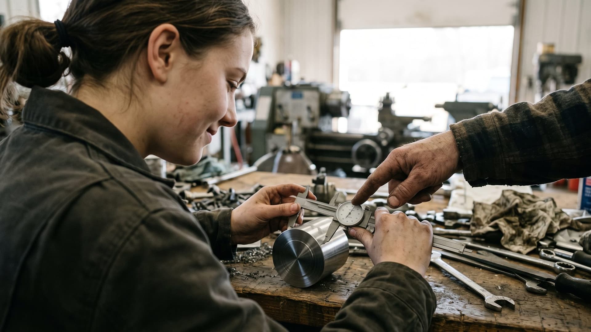 At a machine shop bench, an apprentice checks the part she just turned with calipers as her mentor points to the dial.