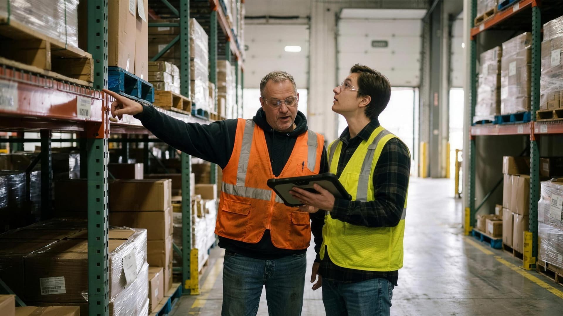 In a warehouse aisle, a younger worker looks up from his tablet to the shelf his older coworker is pointing at.