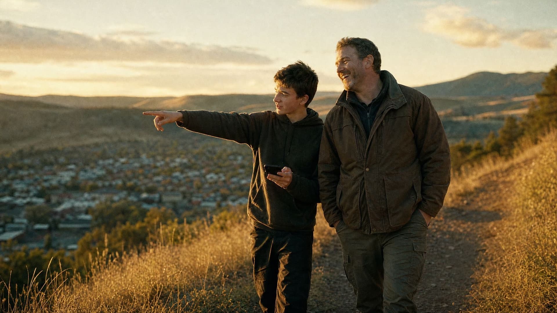 From a hill trail above town, a teenager points toward the horizon as his father laughs.